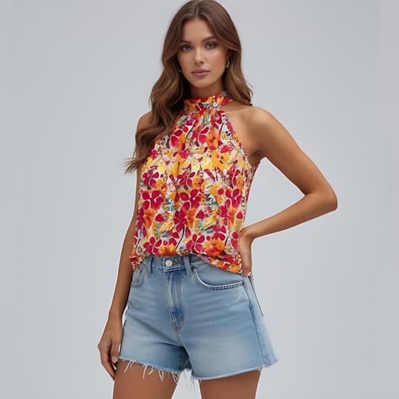Floral Print Keyhole Back Halter  Blouse - Picture 4 of 6